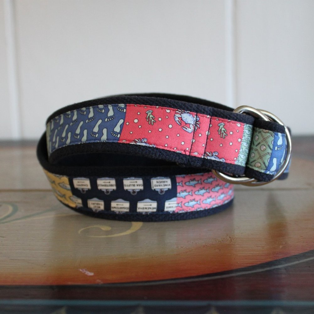 Vineyard Vines Patchwork Belt Size Small Unisex D-Ring Fish Whales Crabs Buoys